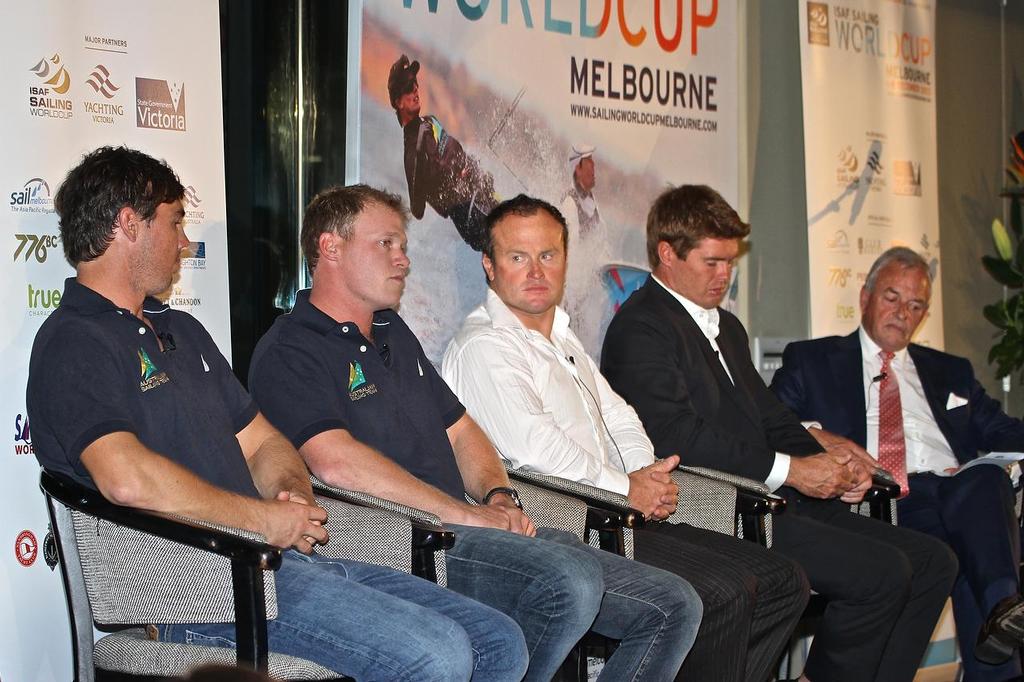 ISAF Sailing World Cup, Melbourne  America’s Cup panel - from left Iain Jensen, Nathan Outteridge (both Artemis), Glenn Ashby (ETNZ), Tom Slingsby (OTUSA) and moderator Andrew Plympton © Richard Gladwell www.photosport.co.nz